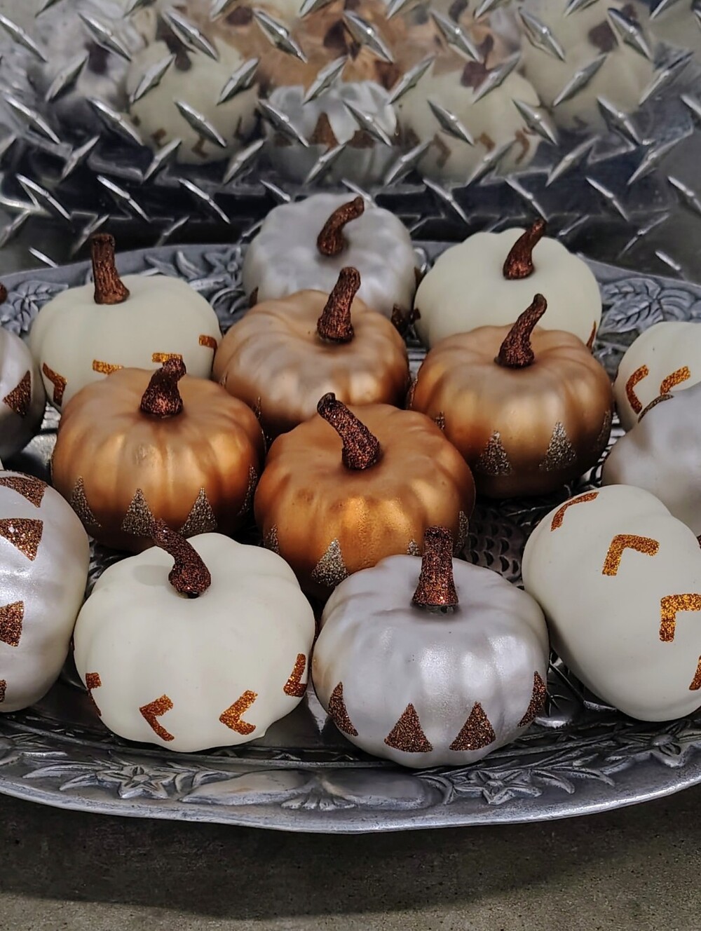 Metallic Mini Glitter Pumpkins Decorator's Lot of 15: Copper, Silver & Cream